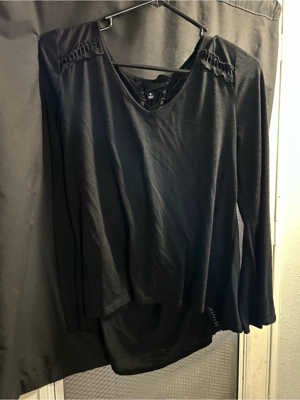 My Michelle Black Long-Sleeve V-Neck Top with Lace Shoulder Detail